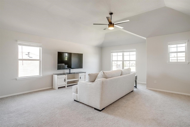 628 Bronze Forest Dr, Fort Worth, TX 76131 - living room featuring a ceiling fan, light carpet, lofted ceiling, baseboards, and an office area