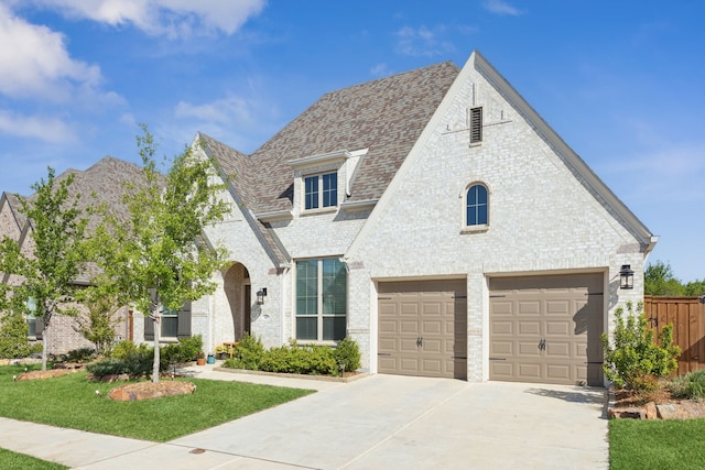 808 Bluestem Dr, Aubrey, TX 76227 - french country style house with concrete driveway, brick siding, a shingled roof, and a garage
