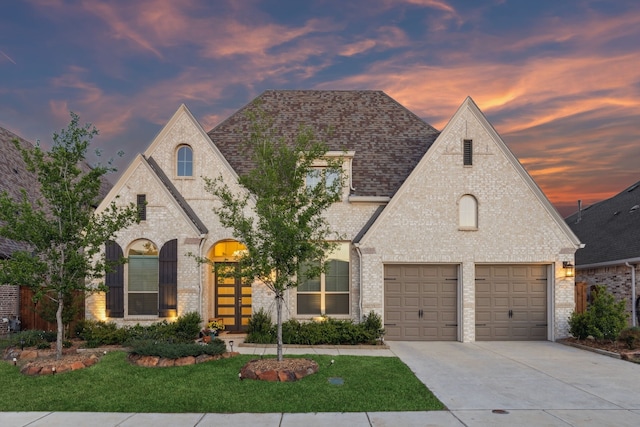 808 Bluestem Dr, Aubrey, TX 76227 - french provincial home featuring concrete driveway, brick siding, a front lawn, and roof with shingles