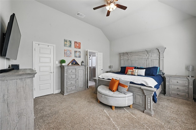 carpeted bedroom featuring visible vents, ceiling fan, high vaulted ceiling, and baseboards