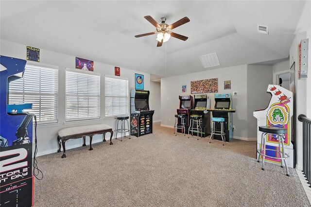 playroom featuring baseboards, visible vents, and a ceiling fan