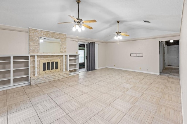 3014 Jennifer Ave, Denison, TX 75020 - unfurnished living room featuring visible vents, baseboards, ceiling fan, a fireplace, and vaulted ceiling