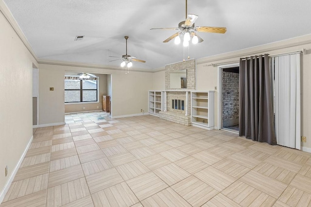 3014 Jennifer Ave, Denison, TX 75020 - unfurnished living room featuring visible vents, ceiling fan, baseboards, and vaulted ceiling