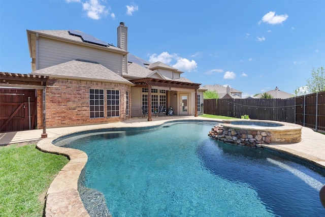 view of pool featuring a fenced in pool, a patio, an in ground hot tub, and a fenced backyard