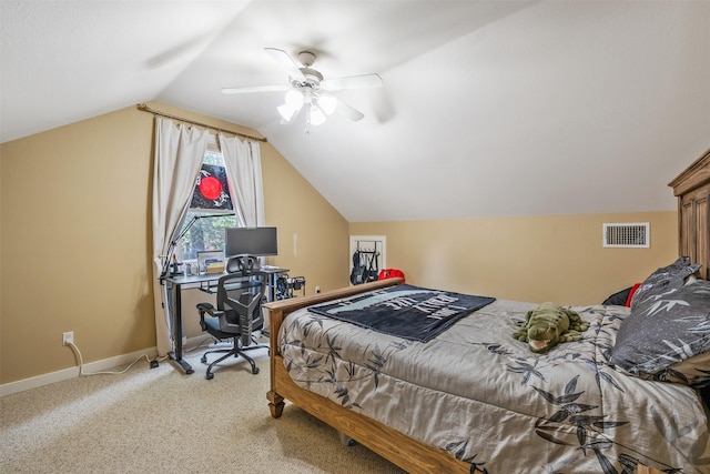bedroom with a ceiling fan, carpet floors, baseboards, lofted ceiling, and visible vents
