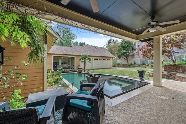 view of patio / terrace featuring a ceiling fan, a fenced in pool, an in ground hot tub, and fence