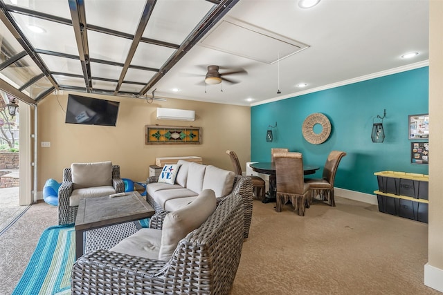 carpeted living room featuring attic access, a wall mounted air conditioner, and recessed lighting