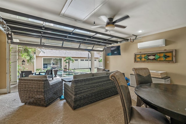 carpeted living room featuring a wall mounted air conditioner, ceiling fan, and a garage
