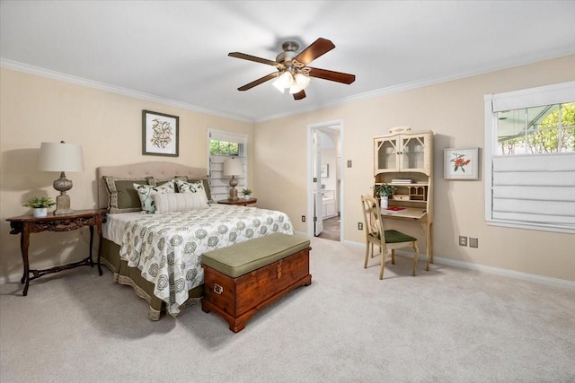 carpeted bedroom with crown molding, multiple windows, baseboards, and ceiling fan