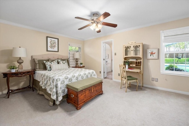 bedroom with ornamental molding, light carpet, baseboards, and a ceiling fan