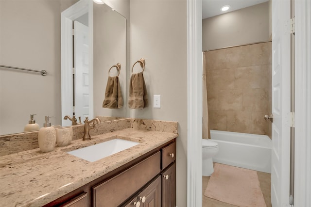 full bathroom with toilet, tile patterned floors, shower / bathtub combination with curtain, and vanity