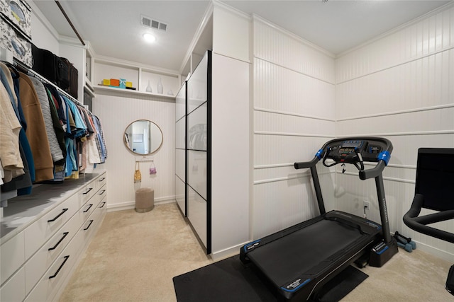 801 Ivy Glen Ct, Prosper, TX 75078 - exercise room featuring light carpet, visible vents, and ornamental molding