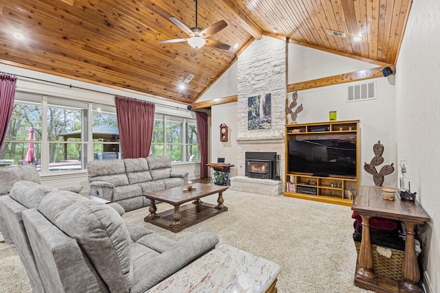 living area featuring ceiling fan, a fireplace, carpet, visible vents, and wood ceiling