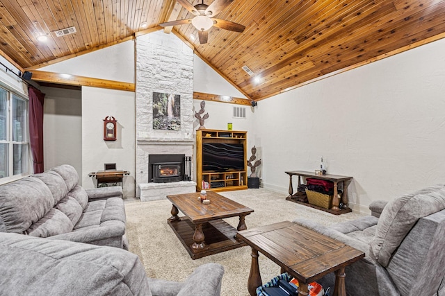 living area featuring visible vents, a ceiling fan, wood ceiling, high vaulted ceiling, and carpet flooring