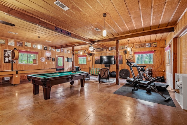 recreation room featuring wooden walls, visible vents, wooden ceiling, and pool table