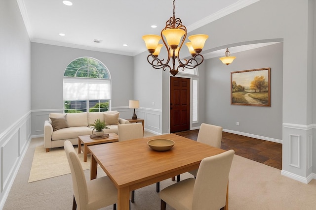 2309 Watercrest Dr, Keller, TX 76248 - carpeted dining room featuring crown molding, recessed lighting, a chandelier, and wainscoting