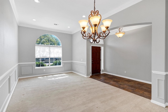 2309 Watercrest Dr, Keller, TX 76248 - empty room featuring carpet, crown molding, a chandelier, recessed lighting, and arched walkways