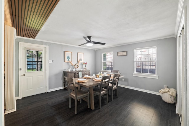 dining room featuring dark wood-style flooring, ceiling fan, ornamental molding, and baseboards