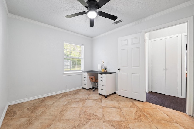 bedroom with a textured ceiling, visible vents, and ornamental molding