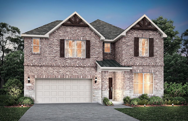 view of front of house featuring brick siding, a shingled roof, a garage, and driveway