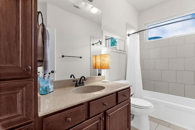 full bathroom with vanity, shower / bathtub combination with curtain, toilet, tile patterned flooring, and visible vents
