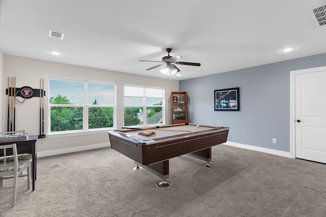 playroom with carpet, billiards, visible vents, a ceiling fan, and baseboards