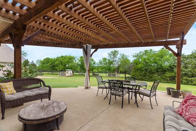 view of patio with outdoor lounge area, a pergola, an outdoor structure, outdoor dining area, and a storage unit
