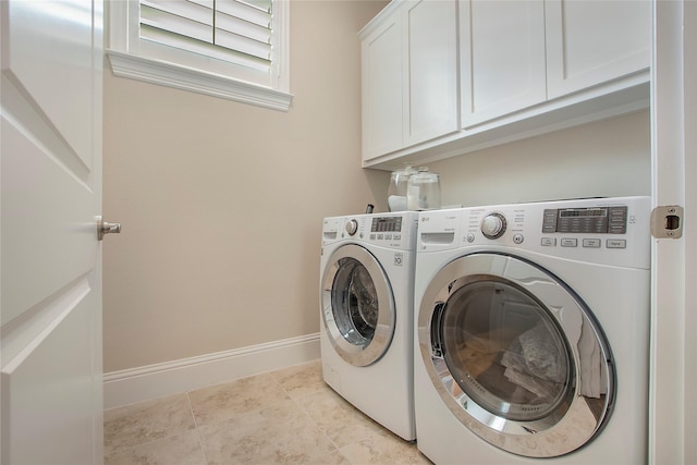 2208 Tremont Blvd, Mckinney, TX 75071 - washroom featuring cabinet space, independent washer and dryer, baseboards, and light tile patterned floors