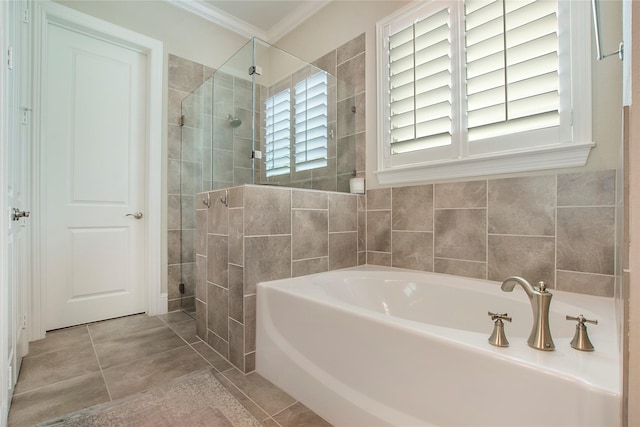 2208 Tremont Blvd, Mckinney, TX 75071 - full bath featuring a garden tub, tiled shower, ornamental molding, and tile patterned floors