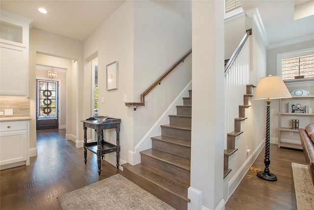 2208 Tremont Blvd, Mckinney, TX 75071 - staircase featuring wood finished floors, baseboards, crown molding, and recessed lighting