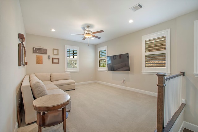 2208 Tremont Blvd, Mckinney, TX 75071 - living area featuring light carpet, ceiling fan, baseboards, and recessed lighting