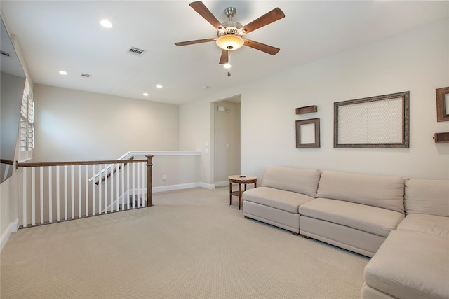 2208 Tremont Blvd, Mckinney, TX 75071 - living area featuring light carpet, recessed lighting, baseboards, and a ceiling fan