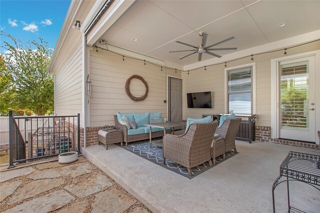 2208 Tremont Blvd, Mckinney, TX 75071 - view of patio featuring an outdoor living space, ceiling fan, and fence