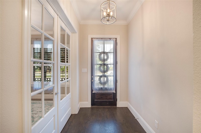 2208 Tremont Blvd, Mckinney, TX 75071 - doorway featuring a chandelier, crown molding, dark wood-style floors, baseboards, and french doors