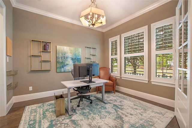 2208 Tremont Blvd, Mckinney, TX 75071 - office featuring ornamental molding, baseboards, a chandelier, and wood finished floors