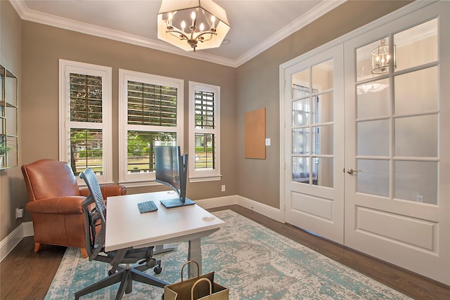 2208 Tremont Blvd, Mckinney, TX 75071 - home office with a chandelier, french doors, baseboards, dark wood-style floors, and crown molding