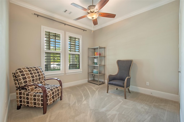 2208 Tremont Blvd, Mckinney, TX 75071 - living area with ornamental molding, carpet flooring, a ceiling fan, and baseboards