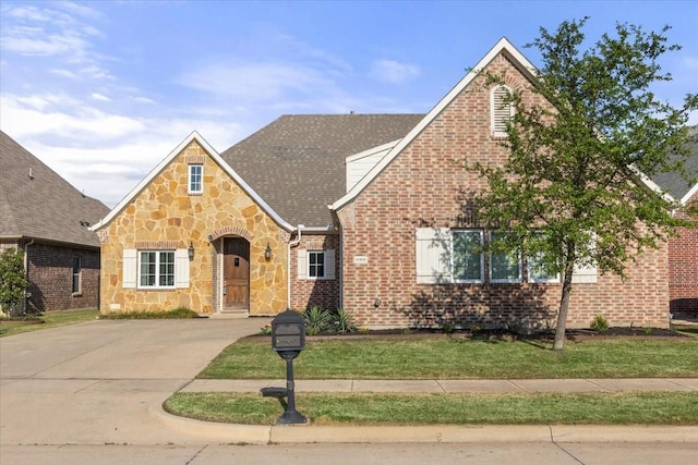 6909 Clayton Nicholas Ct, Arlington, TX 76001 - tudor home with brick siding, a front yard, and stone siding