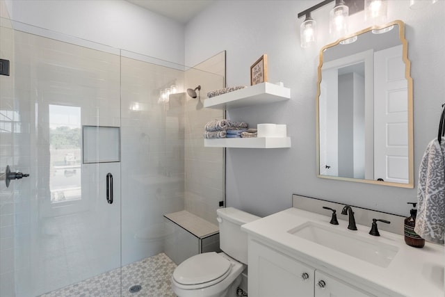 bathroom featuring a shower stall, vanity, and toilet