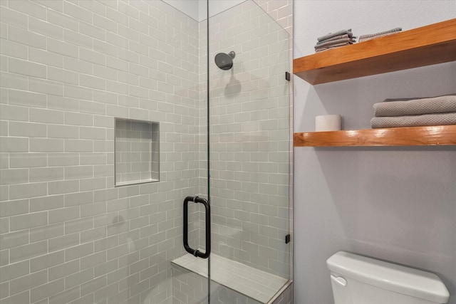 full bathroom featuring toilet and a shower stall