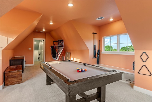 recreation room with recessed lighting, carpet, baseboards, and vaulted ceiling