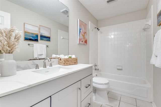 bathroom featuring toilet, a textured ceiling, vanity, shower / bath combination, and tile patterned flooring