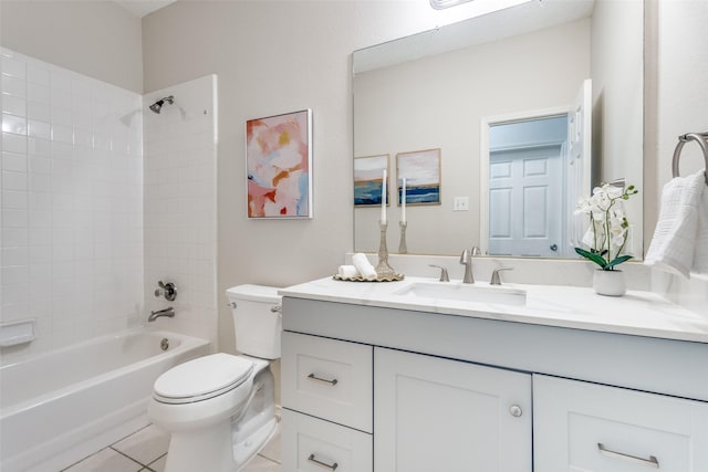 bathroom with  shower combination, toilet, tile patterned flooring, and vanity