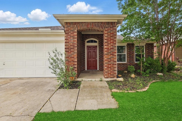 4325 Highgate Rd, Fort Worth, TX 76244 - doorway to property featuring brick siding, a garage, driveway, a shingled roof, and a lawn