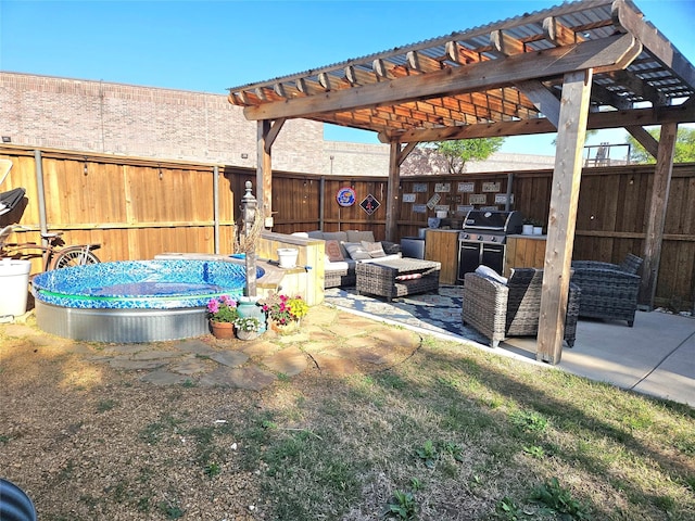 view of patio with a fenced backyard, outdoor lounge area, grilling area, and a pergola