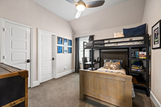 bedroom featuring baseboards, carpet flooring, ceiling fan, and lofted ceiling