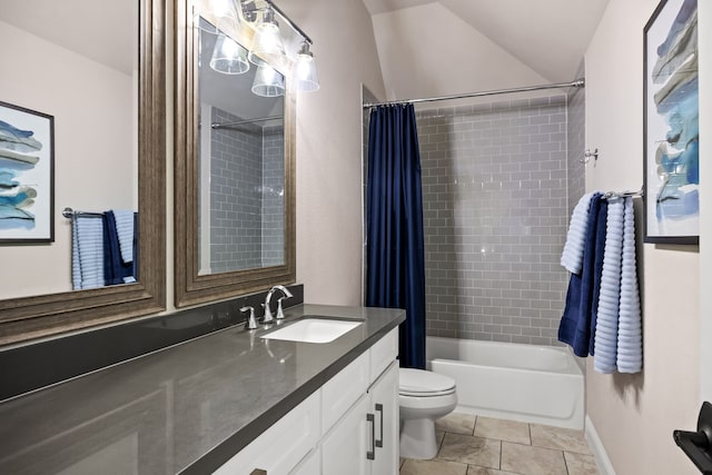 full bath with shower / bath combo, toilet, vanity, tile patterned floors, and lofted ceiling