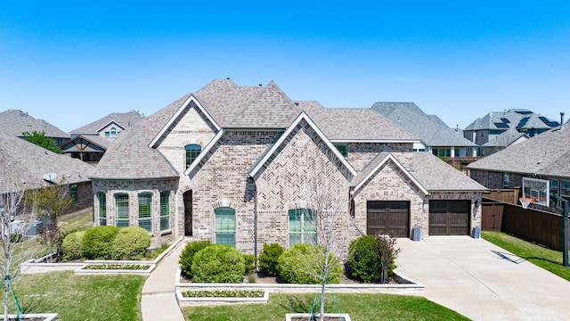french country inspired facade with fence, a front lawn, brick siding, an attached garage, and driveway