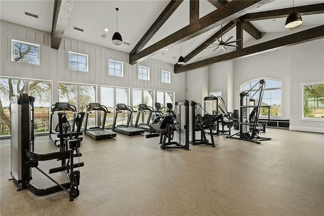 exercise room with high vaulted ceiling, visible vents, and a ceiling fan