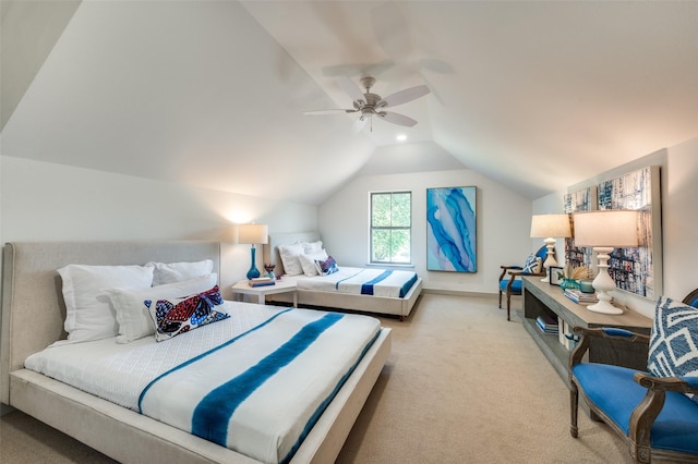 4209 Westmont Ct, Fort Worth, TX 76109 - bedroom with light colored carpet, lofted ceiling, and a ceiling fan